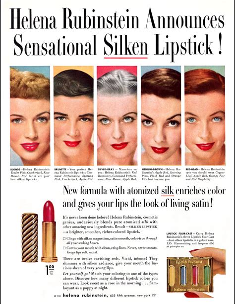 Vintage 1950 Helena Rubinstein Lipstick Ad 1950s Makeup Vintage Makeup