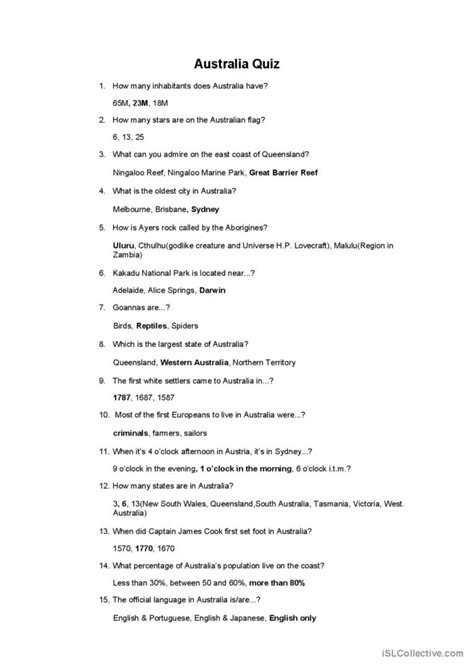 Australia Quiz English Esl Worksheets Pdf And Doc