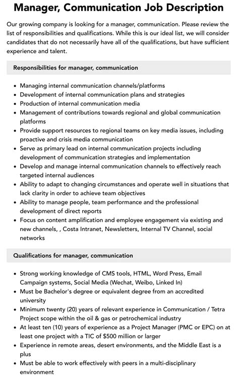 Manager Communication Job Description Velvet Jobs