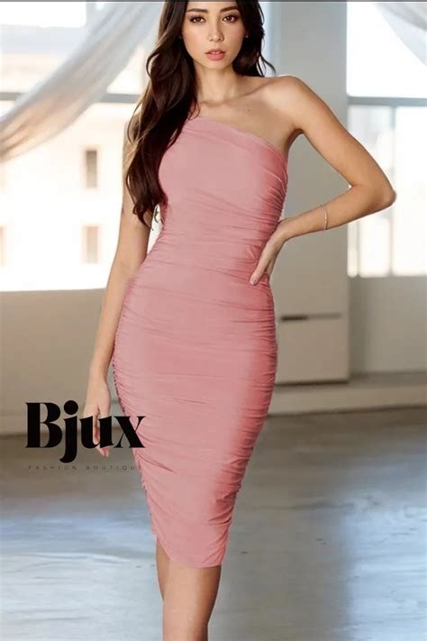 Bjux Elegant One Shoulder Pleated Ruched Bodycon Dress With Stylish