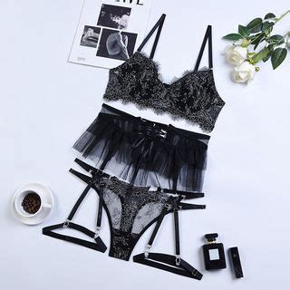 Momilove Lingerie Set Lace Bra Lace Up Sheer Overlay Belt Garter