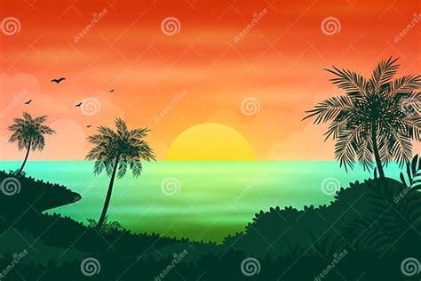 Ocean Sunset or Sunrise Landscape Cartoon Illustration Stock Vector ...