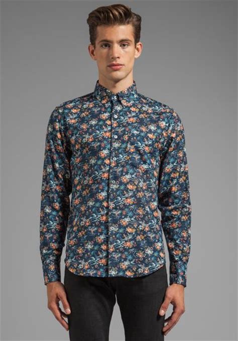 Naked Famous Regular Shirt Tropical Gauze In Navy In Blue For Men