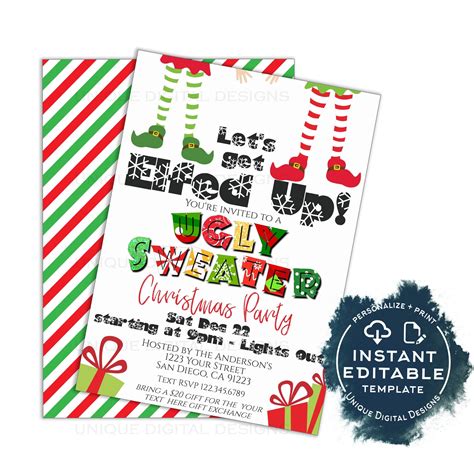 Editable Ugly Christmas Sweater Party Invitations Adult Christmas Inv