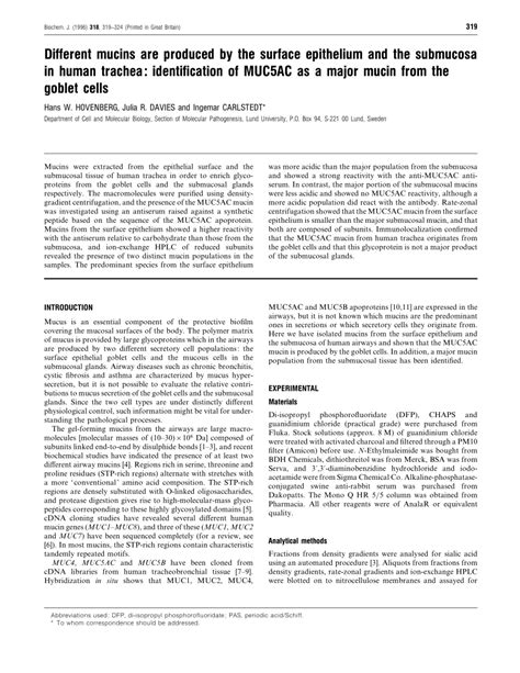 PDF Different Mucins Are Produced By The Surface Epithelium And The