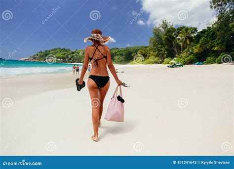 Woman Walk On Beach In Tropics Stock Image Image Of Seychelles