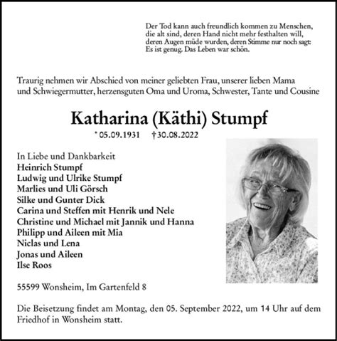 Traueranzeigen Von Katharina Stumpf Vrm Trauer De