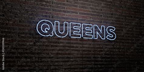 queens realistic neon sign  brick wall background  rendered