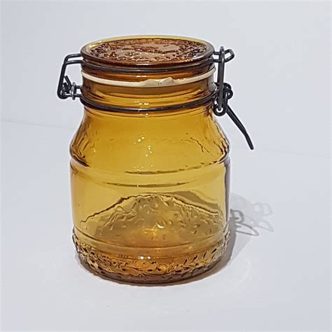 Vintage Amber Italian Glass Jar With Snap Lid Apothecary Jar Kitchen Storage Canister Jar 1970 S