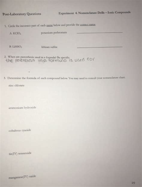 Solved Post Laboratory Questions Experiment Nomenclature Chegg