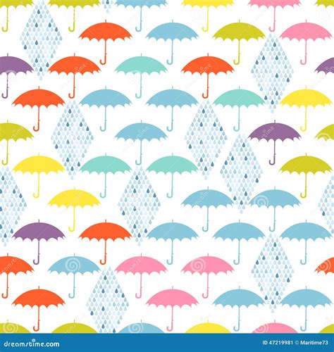 Seamless Pattern With Colored Umbrellas And Rain On A White Stock