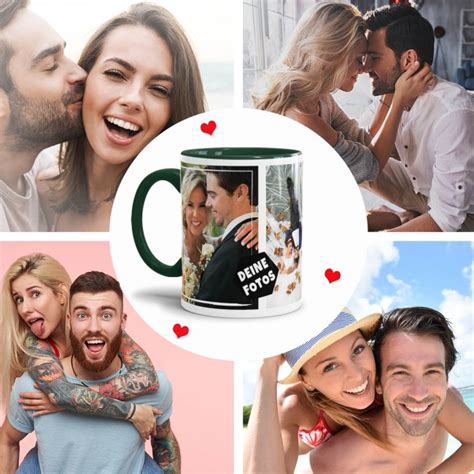 Tasse mit Fotocollage für 3 Fotos Innen Henkel Dunkelgrün TASSE