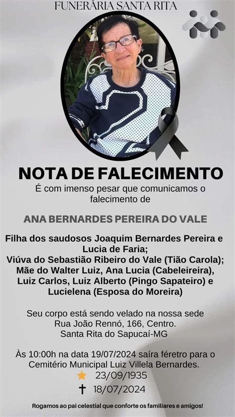 NOTA DE FALECIMENTO Ana Bernardes Pereira Do Vale VALE INDEPENDENTE