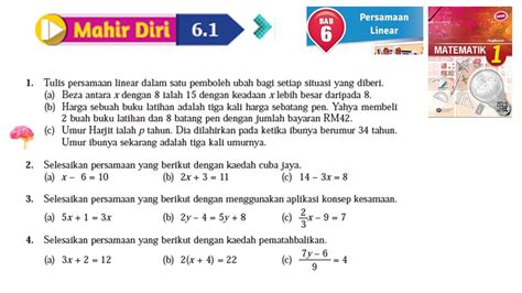 Latih Diri 6 1c No 1d Bab 6 Persamaan Linear Matematik Kssm Tingkatan 1 Buku Teks Muka Surat 129