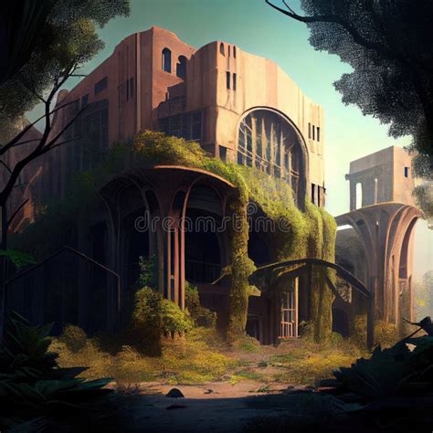 Postapocalyptic City Ruins With Overgrown Trees And Abandoned