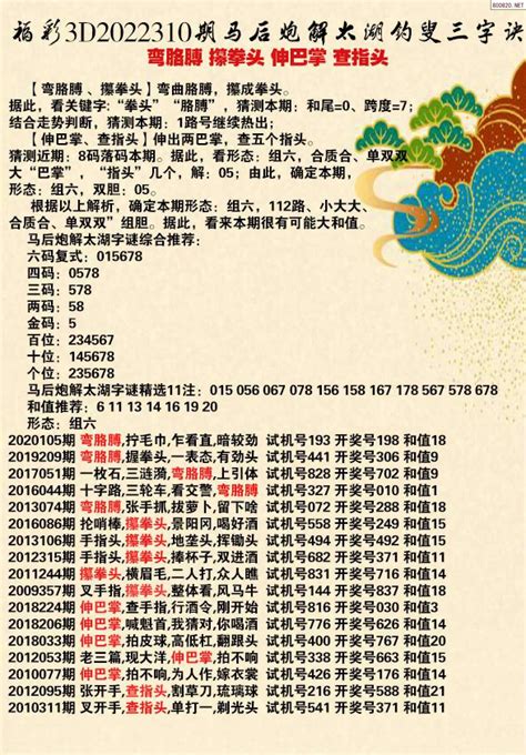 22年310期马后炮解太湖字谜之 弯胳膊 攥拳头 伸巴掌 查指头 天齐网