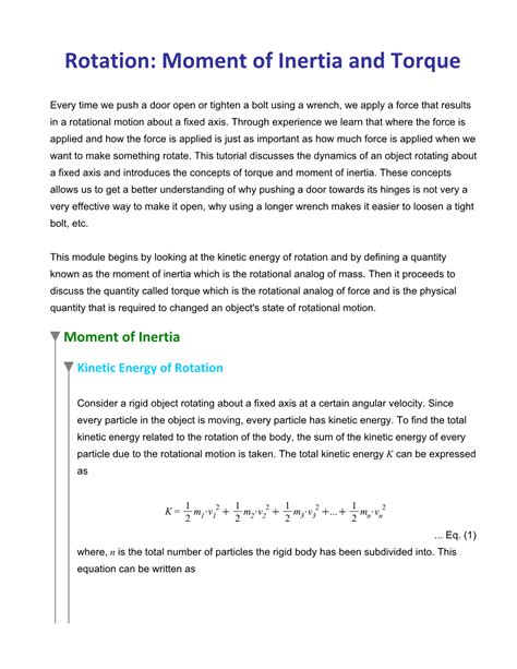 Rotation Moment Of Inertia And Torque Docslib