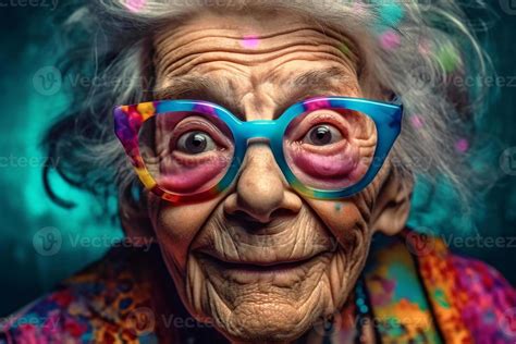 Portrait of an old smiling grandmother wearing sunglasses. The youth of ...