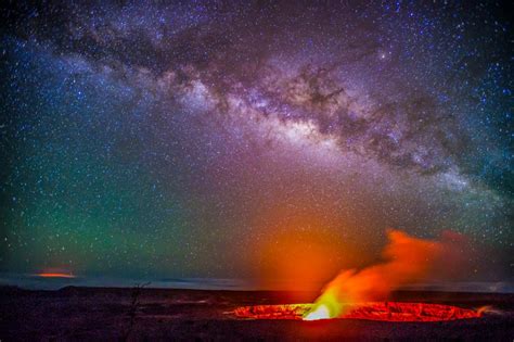 Kilauea Volcano Glows At Night Below The Astreas Galaxy Maui Hands