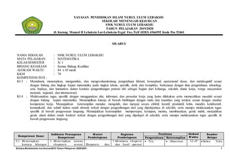 Silabus Matematika Kelas X Semester Ganjil Ppt