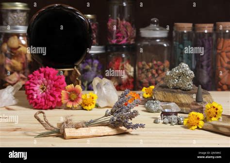 Meditation Altar With Rock Crystals And Flowers Large Obsidian Crystal