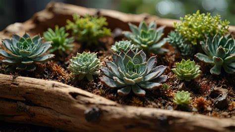 Succulents Arrangements In A Driftwood Planter Concept Of Terrarium