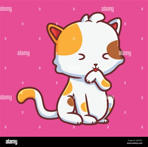 Cute Cat Licking His Hair Isolated Cartoon Animal Illustration Flat