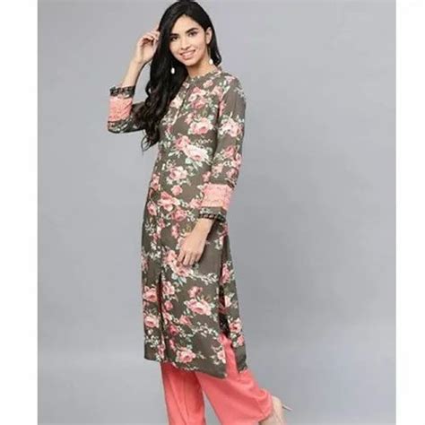 Floral Print 3 4th Sleeve Ladies Floral Printed Cotton Kurti Size S