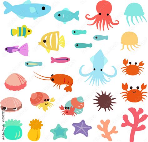 海の生き物のポップイラストセット Stock ベクター Adobe Stock