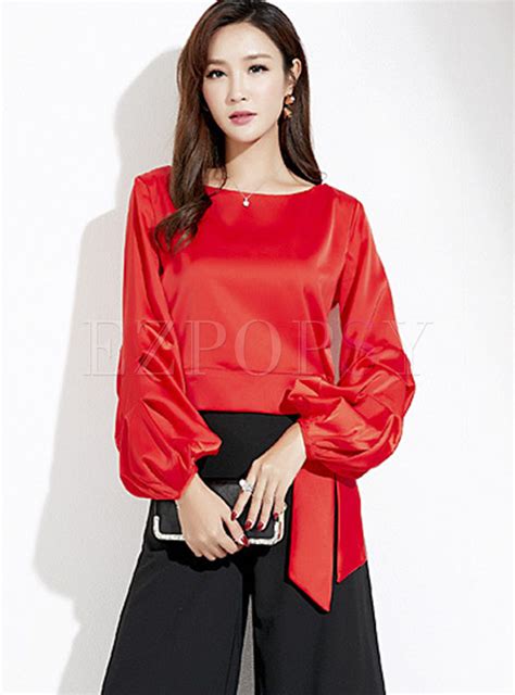 Solid Color O Neck Lantern Sleeve Belted Blouse Belt Blouse Lantern