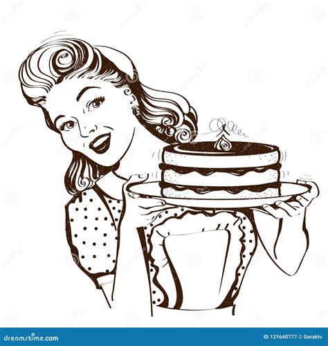 Retro Smiling Housewife Holding Big Cake In Her Hands Vector Color