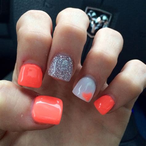 Coral And Glitter Nails LOVE Coral Acrylic Nails Nails Short