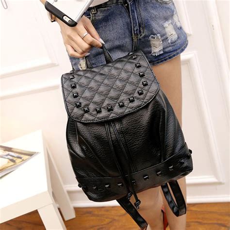 Buy Women Washed Pu Leather Rivet Backpack Drawstring Casual Girls Travel Bag At Affordable