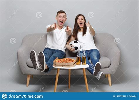 Excited Cheerful Couple Woman Man Football Fans Cheer Up Support