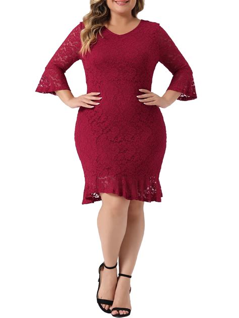 Unique Bargains Womens Plus Size Engagement V Neck Ruffle Hem Lace