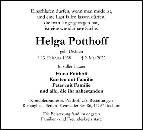 Traueranzeigen Von Helga Potthoff Trauer In Nrw De