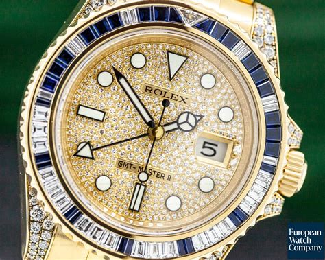 Rolex 116758SA GMT Master II Yellow Gold Pave Dial Sapphire Diamond