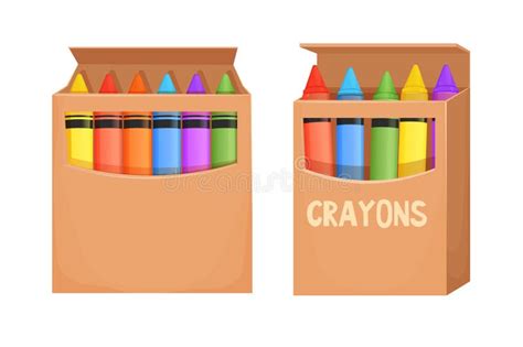 Set Wax Crayons In Carton Box And With Brush Stroke In Cartoon Style