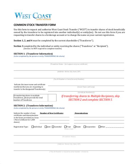 Printable Stock Transfer Form