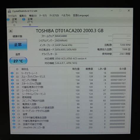 Yahooオークション 【検品済み使用2561時間】toshiba 2tb Hdd Dt01