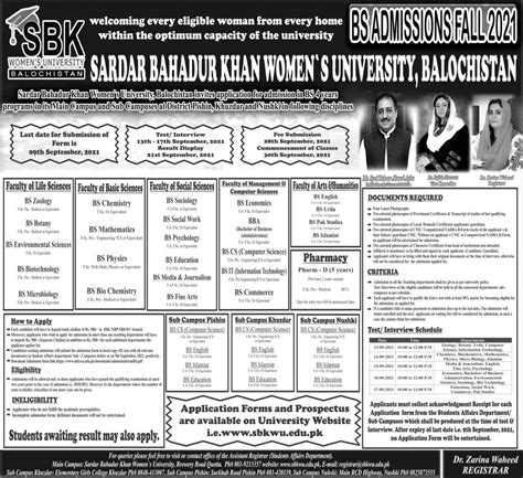 Sbkwu Khuzdar Undergraduate Bs Admission Updated 2022 Pk