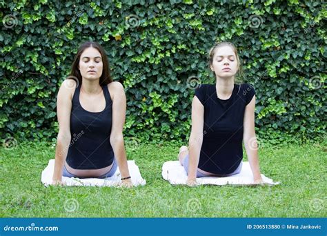 Ragazze Praticano Yoga Fuori Parco Fotografia Stock Immagine Di