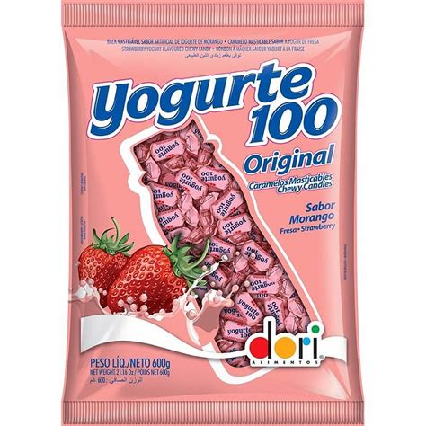 Pacote Bala Mastigável Yogurte Sabor Morango 600g Festas da 25