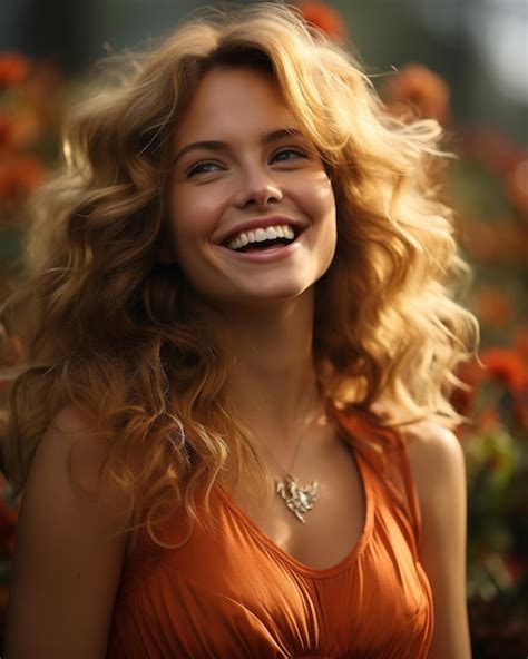 Femme Souriante Aux Longs Cheveux Bouclés Dans Une Robe Orange