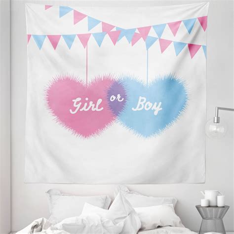 Gender Reveal Tapestry, Girl and Boy Hearts Flags Celebration for in