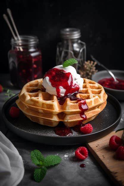 Premium AI Image A Stack Of Waffles With A Scoop Of Raspberry Jam On Top