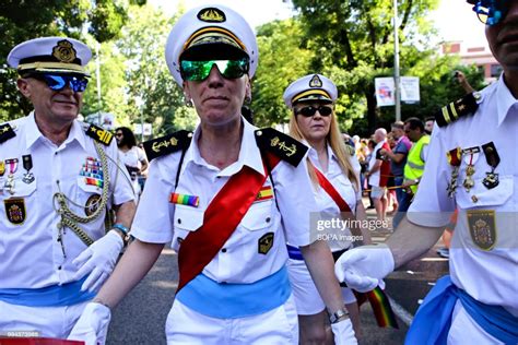 Demonstrators dressed in Spanish Navy uniforms seen during the 2018 ...