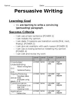 Ontario Grade Persuasive Writing Rubric Tpt