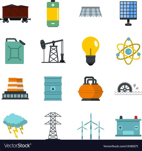 Energy Sources Items Icons Set In Flat Style Vector Image