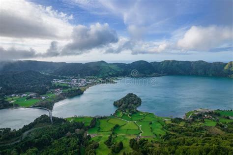 Aerial View Of The Volcanic Mountains And Lakes With Green Farmland Of